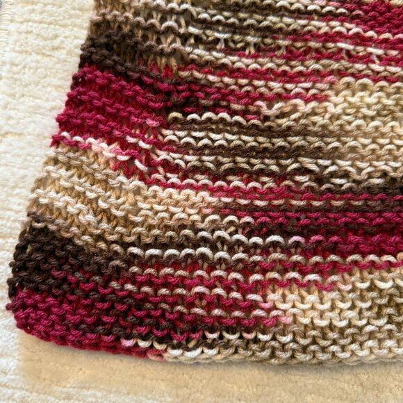 Handmade Knit Afghan Throw Blanket 48 x 45 Burgundy Tan Brown Striped - Picture 4 of 9